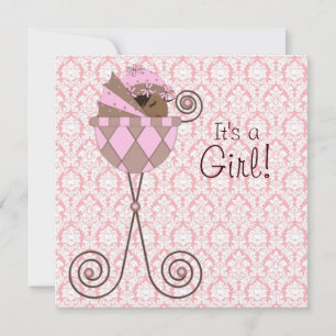 Convites Chá Rosa Damask Rosa Castanho Menino Rosa