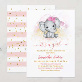 Convites Chá Rosa de Menina Dourada de Elefante Bonito