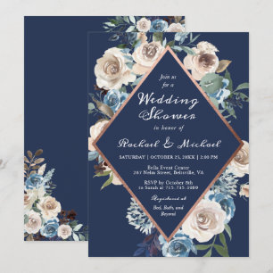 Convites Chá Rosa Dourado Casal Floral marinho Azul