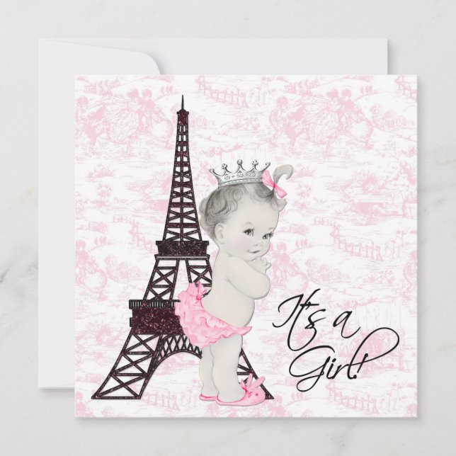 Convites Chá Rosa Toile Paris Baby Girl (Frente)