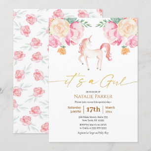Convites Chá Rosa Unicorn Floral Watercolor Baby Girl