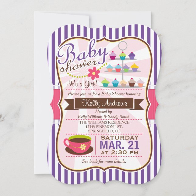 Convites Chá Roxo, Castanho e Rosa, Chá de fraldas Cupcake (Frente)