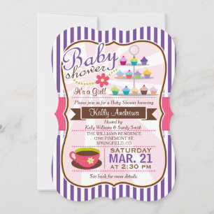 Convites Chá Roxo, Castanho e Rosa, Chá de fraldas Cupcake