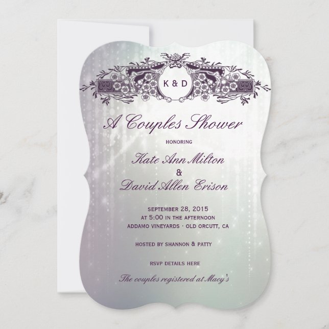 Convites Chá roxo ornamentado francês do casal da faísca do (Frente)