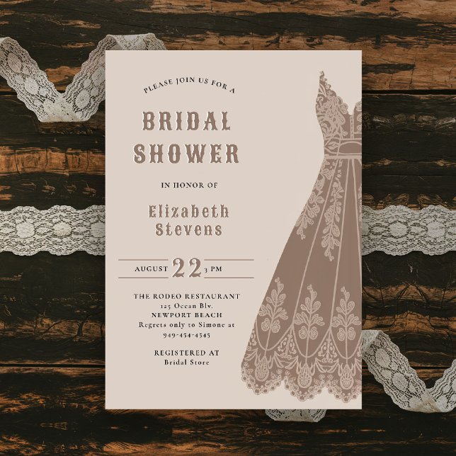 Convites Chá Russo de Vestido Bridal Ocidental Cowgirl (western bridal shower invitation cowgirl dress elegant lace country rustic chic barn ranch backyard)