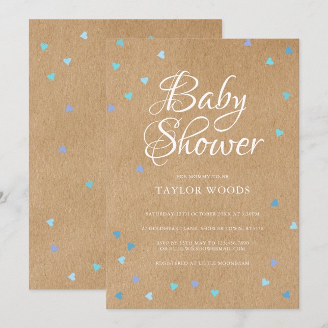 Convites Chá Rustic Blue Love Hearts Baby Boy/Sprinkle (Frente/Verso)
