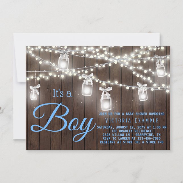 Convites Chá Rustic Mason Jar String Light Baby Boy (Frente)