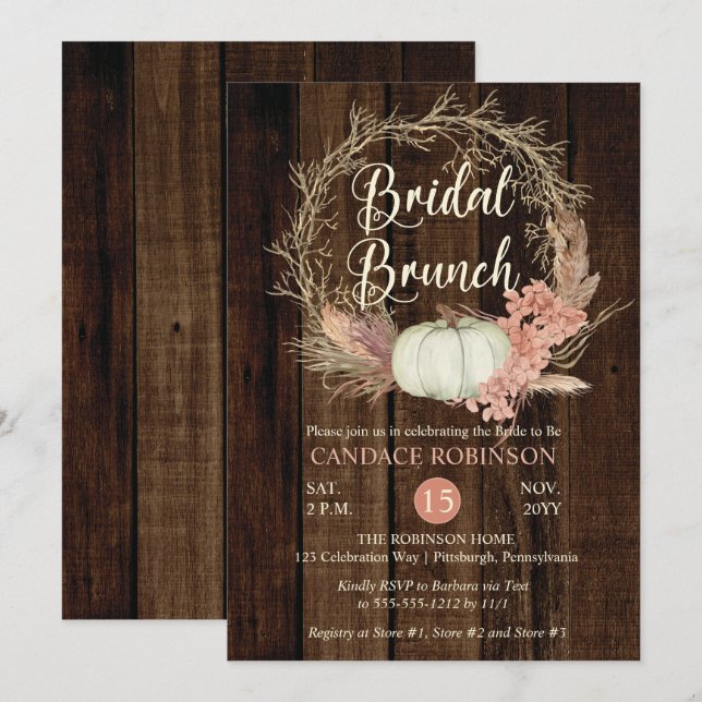 Convites Chá Rustic Pumpkin Pampas Wreath Bridal Brunt (Frente/Verso)