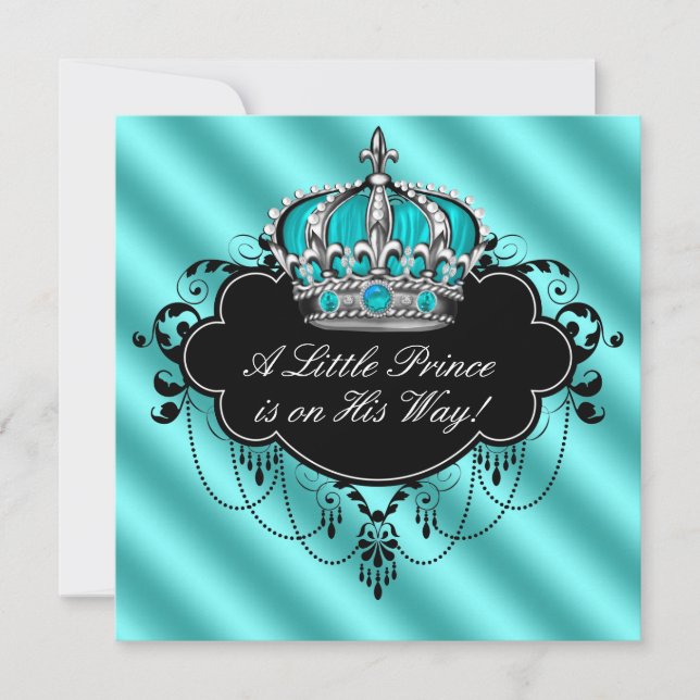 Convites Chá Teal Blue Damask Prince Boy (Frente)