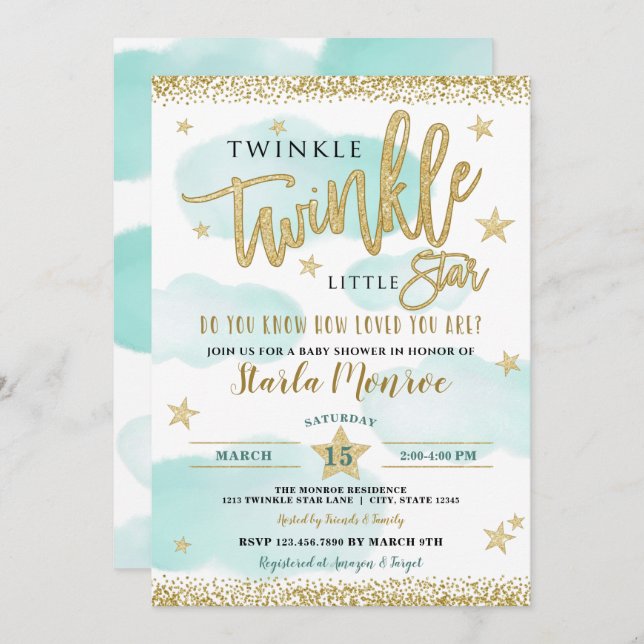 Convites Chá Twinkle Twinkle Little Star Baby Boy (Frente/Verso)