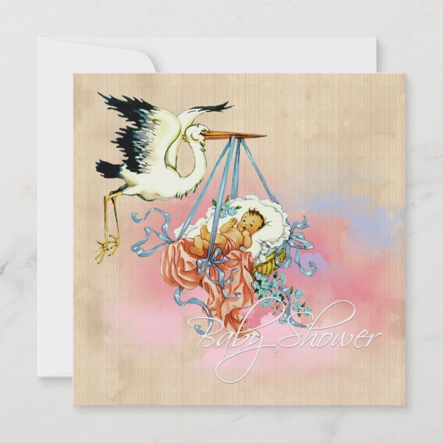Convites Chá Vintage Stork Baby Boy (Frente)