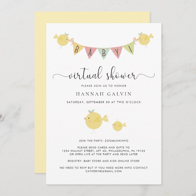 Convites Chá Virtual Bebê | Mama Bird e Pintinho de Bebê (Frente/Verso)