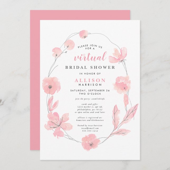 Convites Chá Virtual Bridal | Cor de Água Floral Rosa (Frente/Verso)