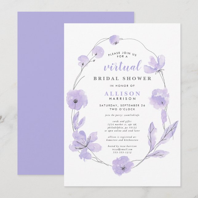 Convites Chá Virtual Bridal | Lavanda Floral Watercolor (Frente/Verso)