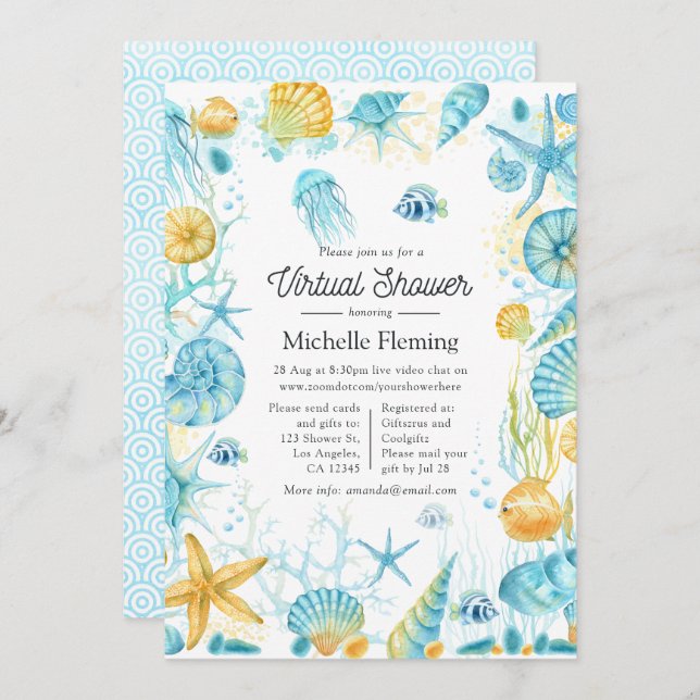 Convites Chá virtual da vida no mar azul e amarelo (Frente/Verso)