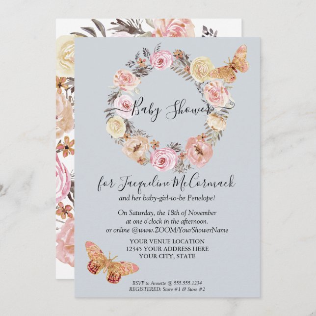 Convites Chá Virtual de Borda Floral Dusty Blue (Frente/Verso)