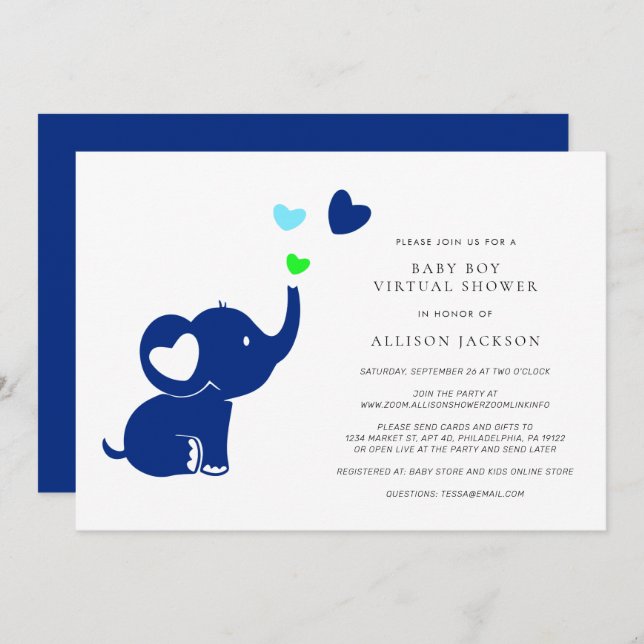 Convites Chá Virtual de Menino Mínimo Elefante Azul (Frente/Verso)