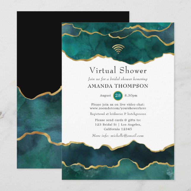 Convites Chá Virtual de Pedra de Agato Geográfico Dourado e (Frente/Verso)