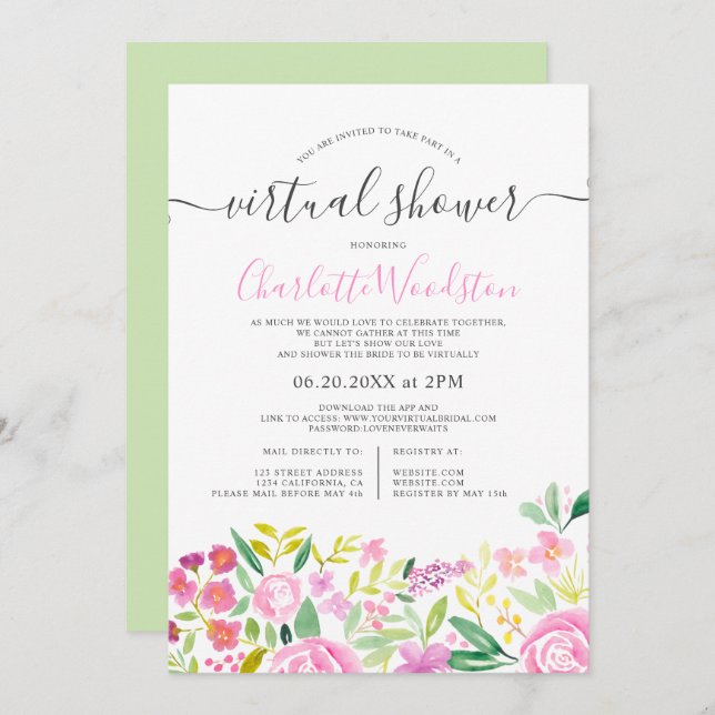 Convites Chá virtual de script de aquarela floral de limão  (Frente/Verso)