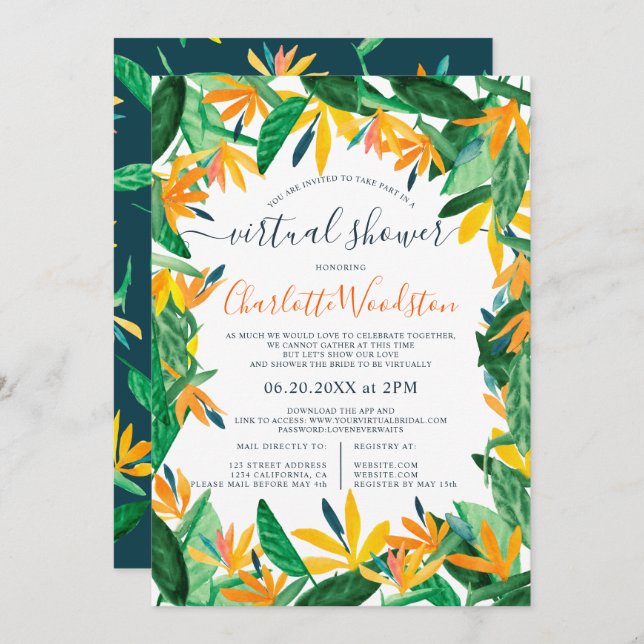 Convites chá virtual de script de aquarela floral tropical (Frente/Verso)