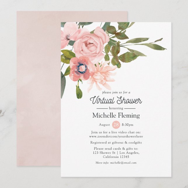 Convites Chá Virtual Dourado, cor-de-rosa e Rosa (Frente/Verso)