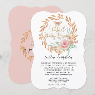 Convites Chá Virtual Dourado de Rosa Floral Moderno com Aq