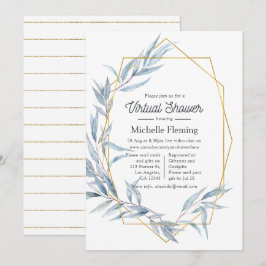 Convites Chá Virtual Eucalyptus Geométrico Azul e Dourado
