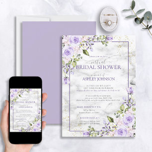 Convites Chá Virtual Floral Dourado Marble Lavanda Lilac