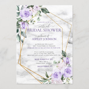 Convites Chá Virtual Floral Dourado Marble Lavanda Lilac