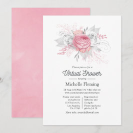 Convites Chá Virtual Floral, Rosa, Prata e Branco