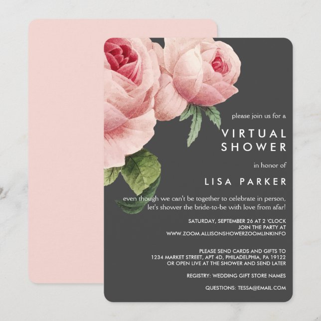 Convites Chá Virtual Rosa Rosa Vintage (Frente/Verso)