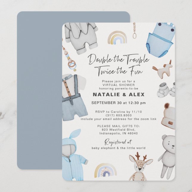 Convites Chá Virtual Twin Boy com Problemas Duplos (Frente/Verso)