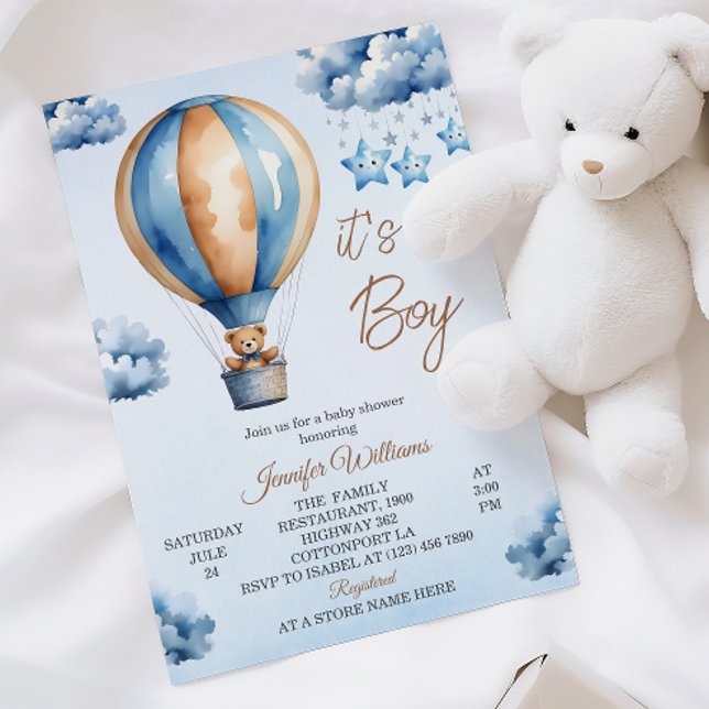 Convites Chá Whimsic Blue Hot Air Balloon Baby Boy (Criador carregado)