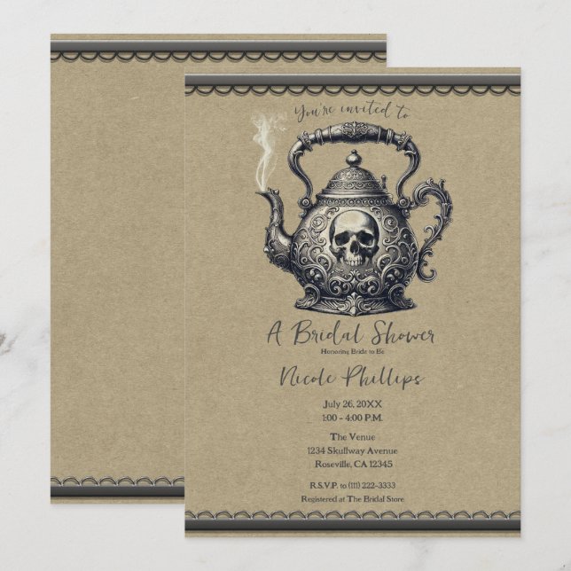 Convites Chaleira de Chá Vintage Caveira Prata para Chá Rev (Frente/Verso)