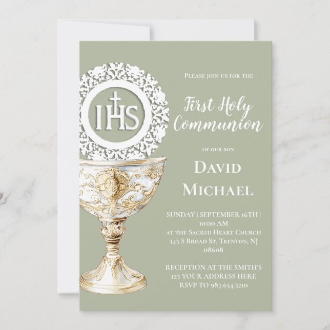 Convites Chalice Host First Communion sage green background (Frente)
