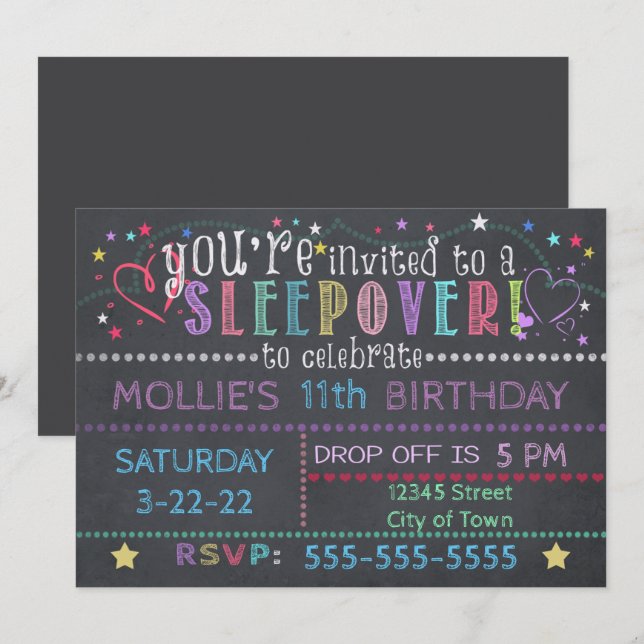 Convites Chalkboard Birthday Sleepover (Frente/Verso)