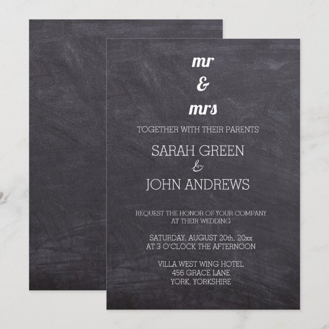 Convites Chalkboard Black and White Mr & Mrs Wedding (Frente/Verso)