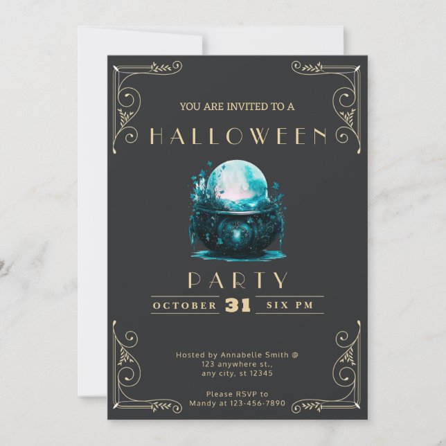 Convites Chalkboard Black & Dourado Crystal Ball Halloween (Frente)