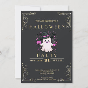 Convites Chalkboard Black & Dourado Ghost Stars Bats Hallow
