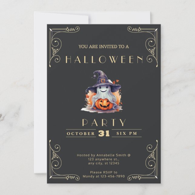 Convites Chalkboard Black & Dourado Ghost Witat Halloween (Frente)