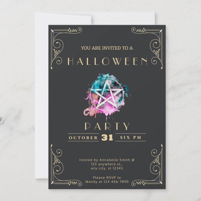 Convites Chalkboard Black & Dourado Pentagrama Halloween (Frente)