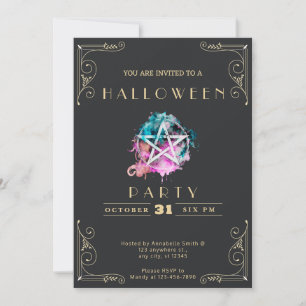 Convites Chalkboard Black & Dourado Pentagrama Halloween