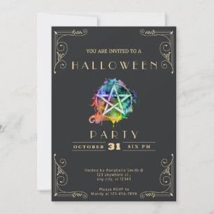 Convites Chalkboard Black & Dourado Pentagrama Halloween