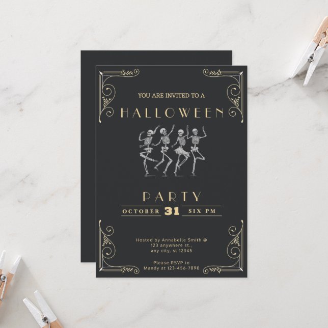 Convites Chalkboard Black & Dourado Silver Skeletons Hallow (Frente/Verso In Situ)