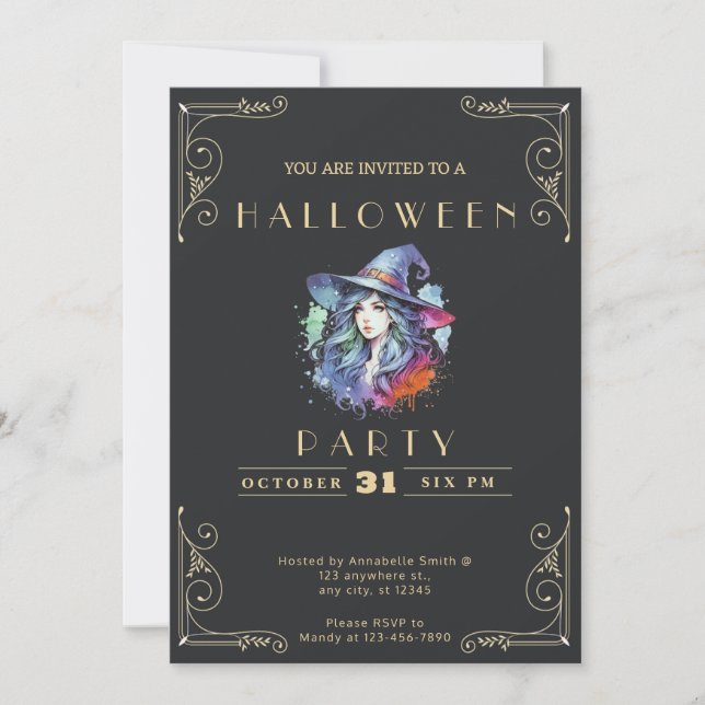 Convites Chalkboard Black & Dourado Witch Rainbow Halloween (Frente)