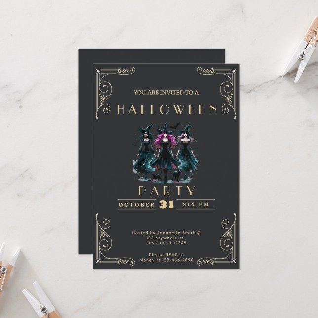 Convites Chalkboard Black & Dourado Witts Bats Halloween (Frente/Verso In Situ)