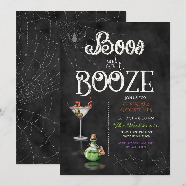 Convites Chalkboard Boos e Booze Halloween Cocktail Party (Frente/Verso)