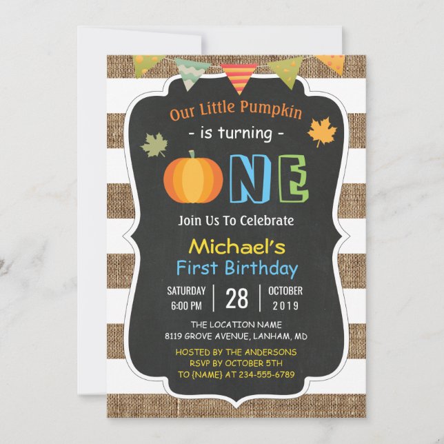 Convites Chalkboard Burlap Cute Pumpkin Baby Primeiro Anive (Frente)