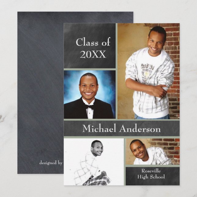 Convites Chalkboard Collage Basketball - Grad Announcement (Frente/Verso)