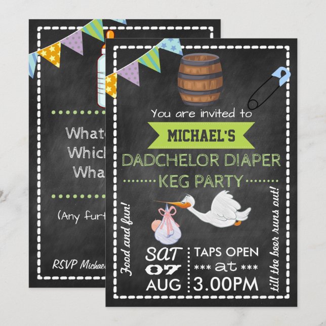 Convites Chalkboard de Festa de Chopp Dadchelor para Chá de (Frente/Verso)